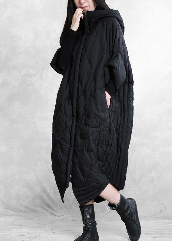 women casual down jacket overcoat black hooded zippered goose Down coat - SooLinen