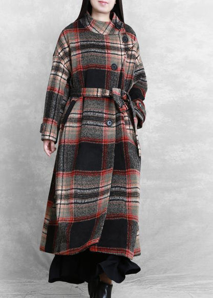 women casual long jackets  women coats black plaid tie waist asymmetric Woolen Coat - SooLinen