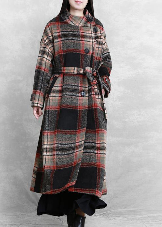 women casual long jackets  women coats black plaid tie waist asymmetric Woolen Coat - SooLinen
