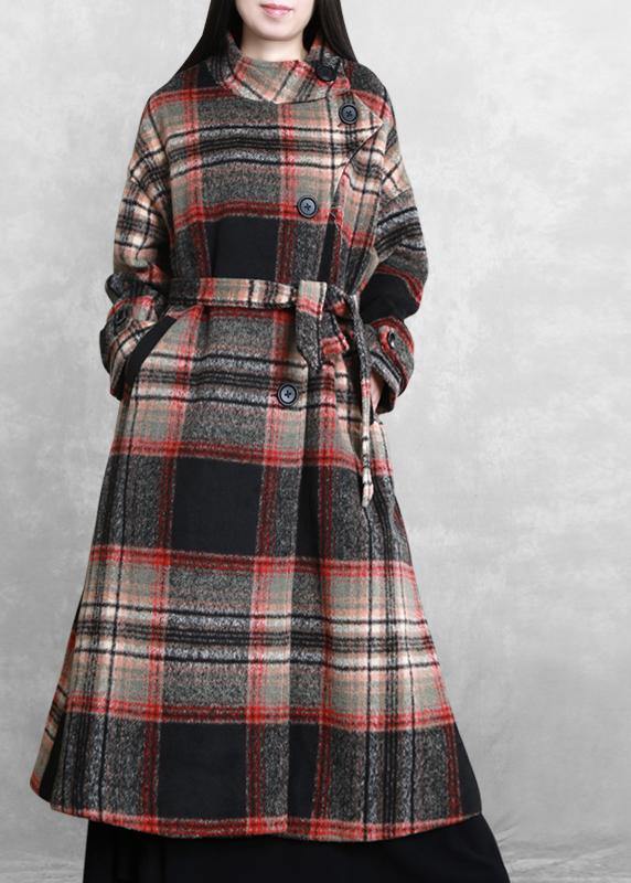 women casual long jackets  women coats black plaid tie waist asymmetric Woolen Coat - SooLinen