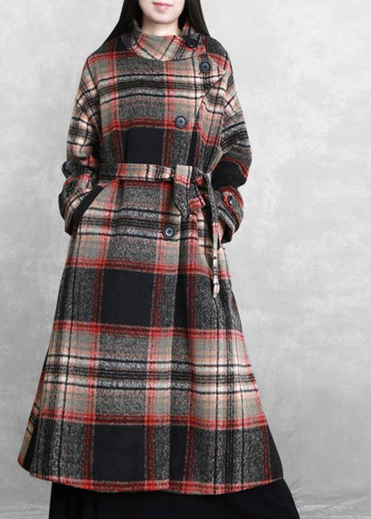 women casual long jackets  women coats black plaid tie waist asymmetric Woolen Coat - SooLinen
