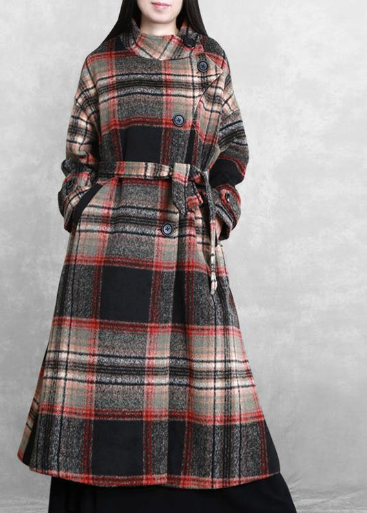 women casual long jackets  women coats black plaid tie waist asymmetric Woolen Coat - SooLinen