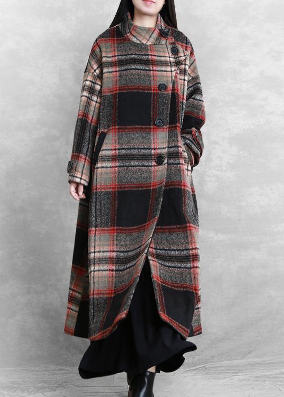 women casual long jackets  women coats black plaid tie waist asymmetric Woolen Coat - SooLinen