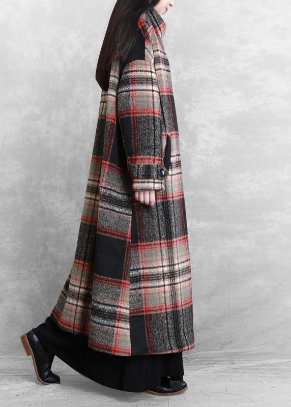 women casual long jackets  women coats black plaid tie waist asymmetric Woolen Coat - SooLinen