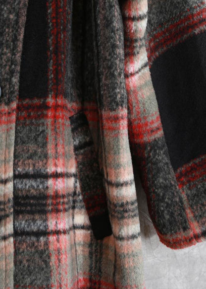women casual long jackets  women coats black plaid tie waist asymmetric Woolen Coat - SooLinen