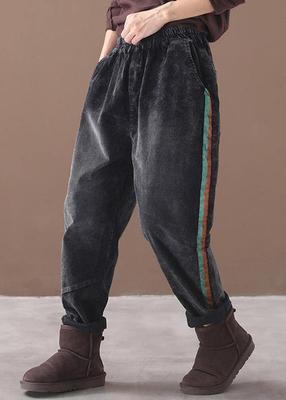 women casual loose black pants patchwork elastic waist wild trousers - SooLinen