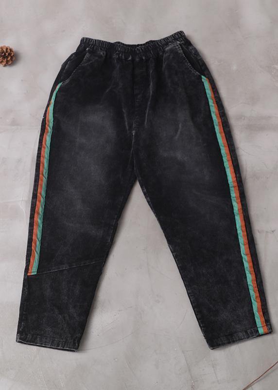 women casual loose black pants patchwork elastic waist wild trousers - SooLinen