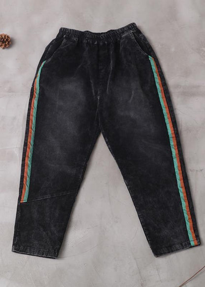women casual loose black pants patchwork elastic waist wild trousers - SooLinen