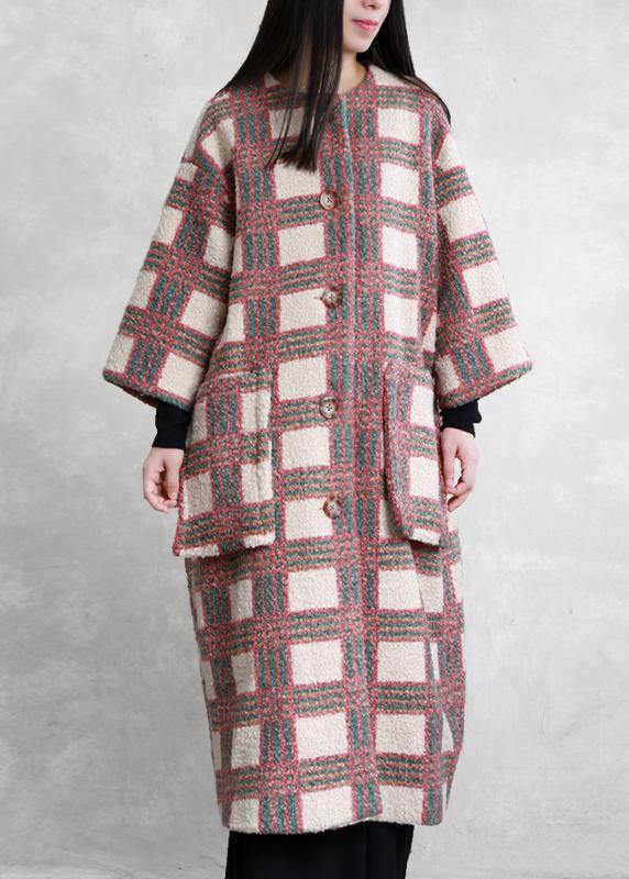 women casual trench coat coat nude plaid pockets Button wool coat for woman - SooLinen