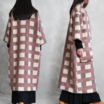 women casual trench coat coat nude plaid pockets Button wool coat for woman - SooLinen