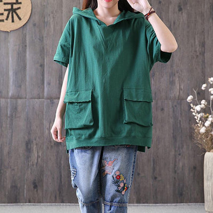 Damen Baumwollbluse übergroß Casual Kapuzen Kurzarm Pullover Baumwolle Grün Tops