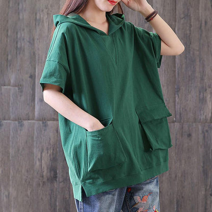 Damen Baumwollbluse übergroß Casual Kapuzen Kurzarm Pullover Baumwolle Grün Tops