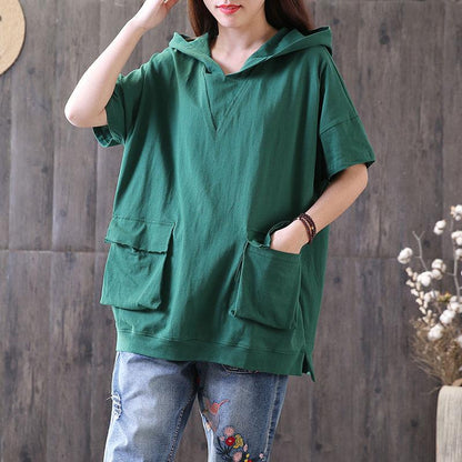 Damen Baumwollbluse übergroß Casual Kapuzen Kurzarm Pullover Baumwolle Grün Tops