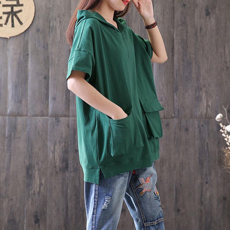Damen Baumwollbluse übergroß Casual Kapuzen Kurzarm Pullover Baumwolle Grün Tops