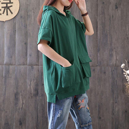 Damen Baumwollbluse übergroß Casual Kapuzen Kurzarm Pullover Baumwolle Grün Tops