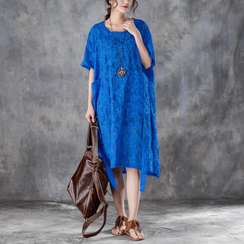 Damen Baumwoll-Etuikleid übergroßes lockeres Rundhals-Kurzarm-Kleid mit unregelmäßigem blauem Muster