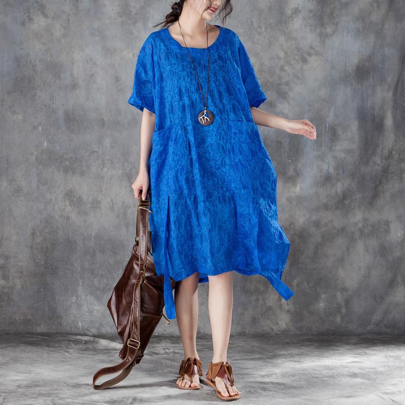 Damen Baumwoll-Etuikleid übergroßes lockeres Rundhals-Kurzarm-Kleid mit unregelmäßigem blauem Muster