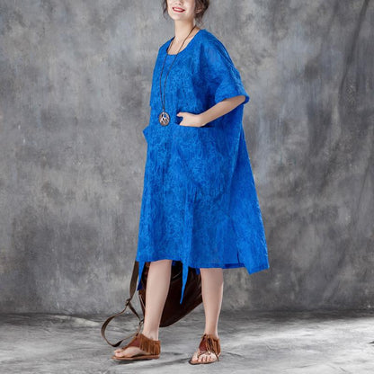 Damen Baumwoll-Etuikleid übergroßes lockeres Rundhals-Kurzarm-Kleid mit unregelmäßigem blauem Muster