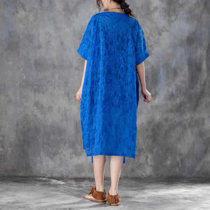 Damen Baumwoll-Etuikleid übergroßes lockeres Rundhals-Kurzarm-Kleid mit unregelmäßigem blauem Muster