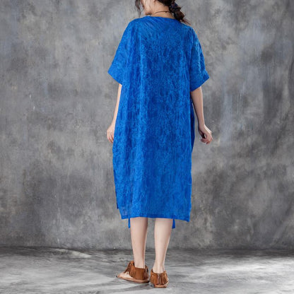 Damen Baumwoll-Etuikleid übergroßes lockeres Rundhals-Kurzarm-Kleid mit unregelmäßigem blauem Muster