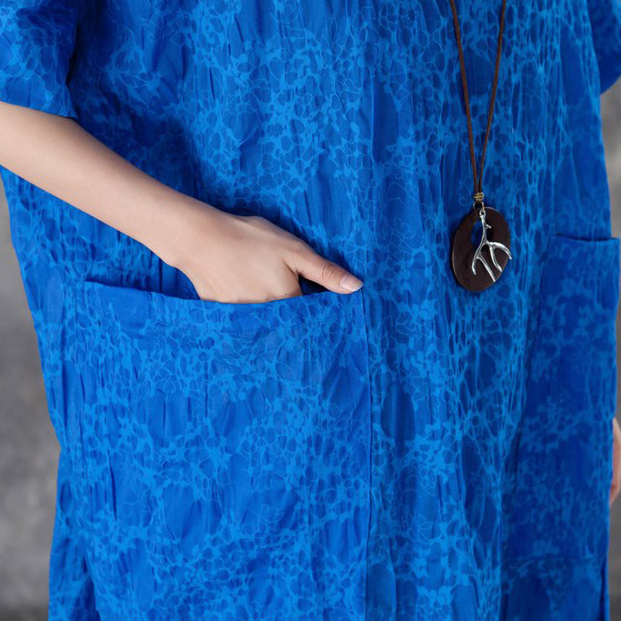 Damen Baumwoll-Etuikleid übergroßes lockeres Rundhals-Kurzarm-Kleid mit unregelmäßigem blauem Muster