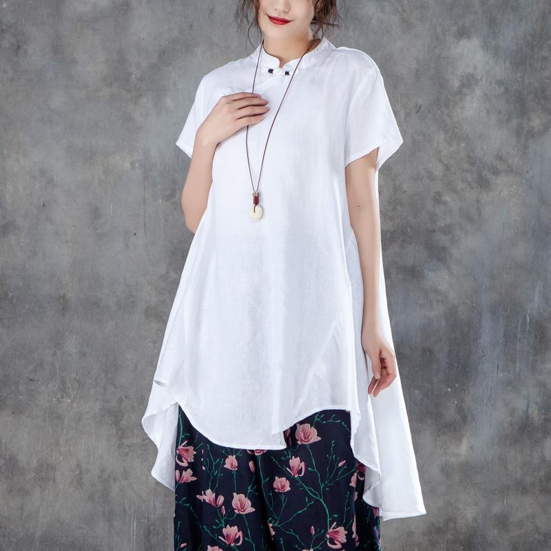 Frauen baumwolle shirts plus größe Stehkragen Kurzarm Unregelmäßigen Frauen Weiß Tops