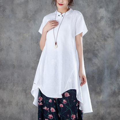 Frauen baumwolle shirts plus größe Stehkragen Kurzarm Unregelmäßigen Frauen Weiß Tops