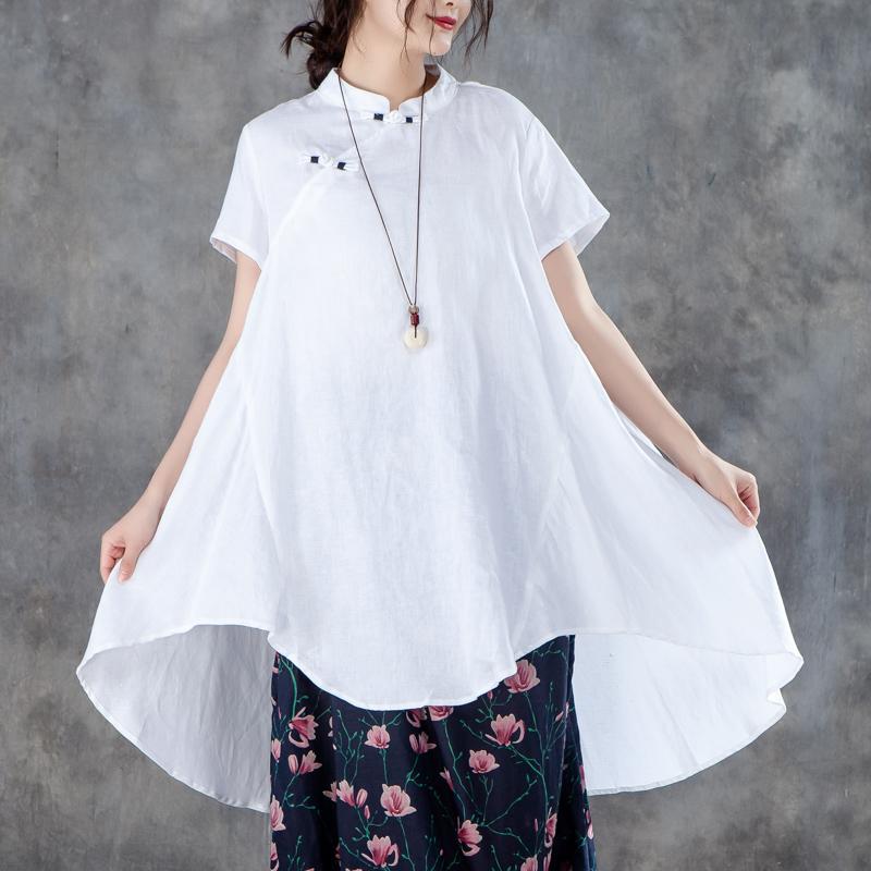 Frauen baumwolle shirts plus größe Stehkragen Kurzarm Unregelmäßigen Frauen Weiß Tops