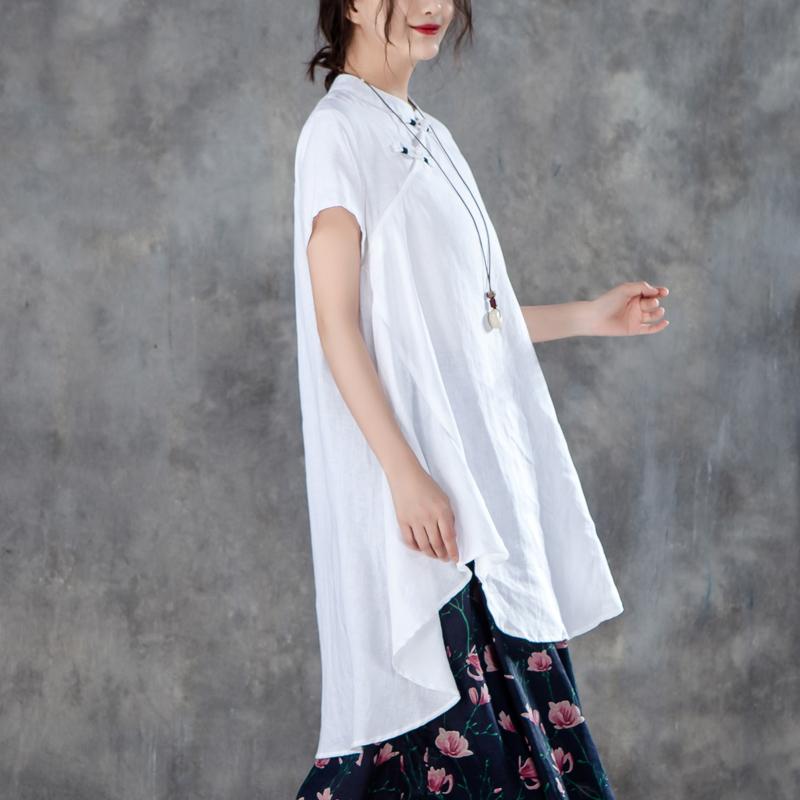 Frauen baumwolle shirts plus größe Stehkragen Kurzarm Unregelmäßigen Frauen Weiß Tops