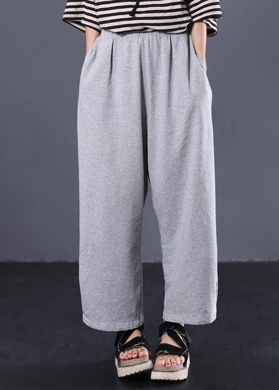 women cotton solid color casual pants elastic waist gray wide leg pants - SooLinen