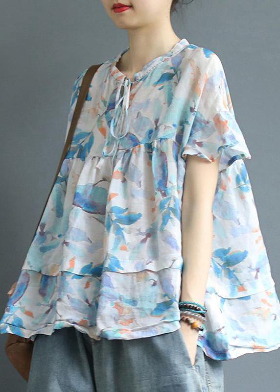 women cotton tunic top boutique Printed Casual Summer Lacing Breathable T-Shirt - SooLinen