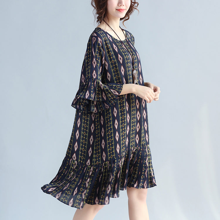 Damen Chiffonkleider mit dunkelblauen Drucken, trendiges Chiffon-Maxikleid in Übergröße, eleganter Rüschensaum, Rüschenärmel, süßes Chiffonkleid