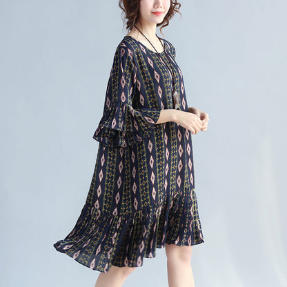 Damen Chiffonkleider mit dunkelblauen Drucken, trendiges Chiffon-Maxikleid in Übergröße, eleganter Rüschensaum, Rüschenärmel, süßes Chiffonkleid