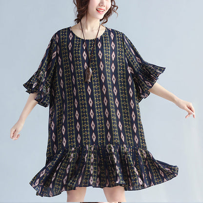 Damen Chiffonkleider mit dunkelblauen Drucken, trendiges Chiffon-Maxikleid in Übergröße, eleganter Rüschensaum, Rüschenärmel, süßes Chiffonkleid