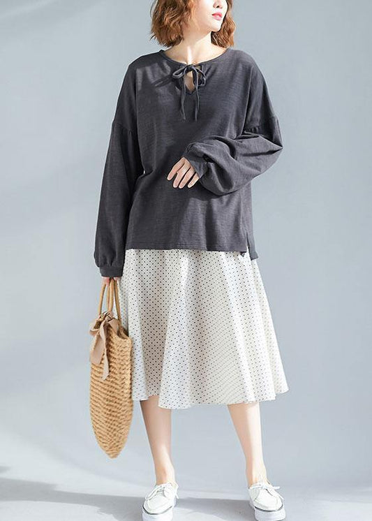 women dark gray o neck Puff Sleeve cotton fall top - SooLinen