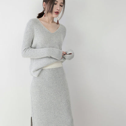 Graue Strickpullover für Damen in Übergröße, V-Ausschnitt, Strickblusen, Vintage-Rock mit seitlichem Öffnung, zweiteilig