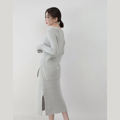 Graue Strickpullover für Damen in Übergröße, V-Ausschnitt, Strickblusen, Vintage-Rock mit seitlichem Öffnung, zweiteilig