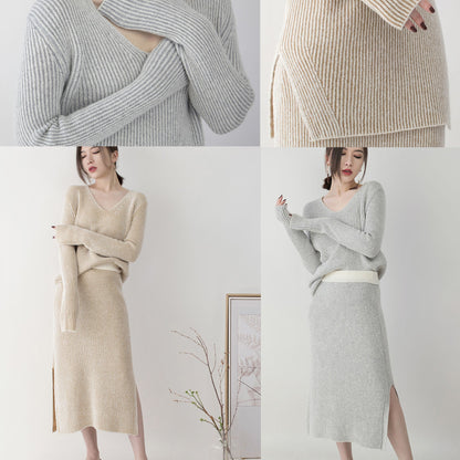 Graue Strickpullover für Damen in Übergröße, V-Ausschnitt, Strickblusen, Vintage-Rock mit seitlichem Öffnung, zweiteilig
