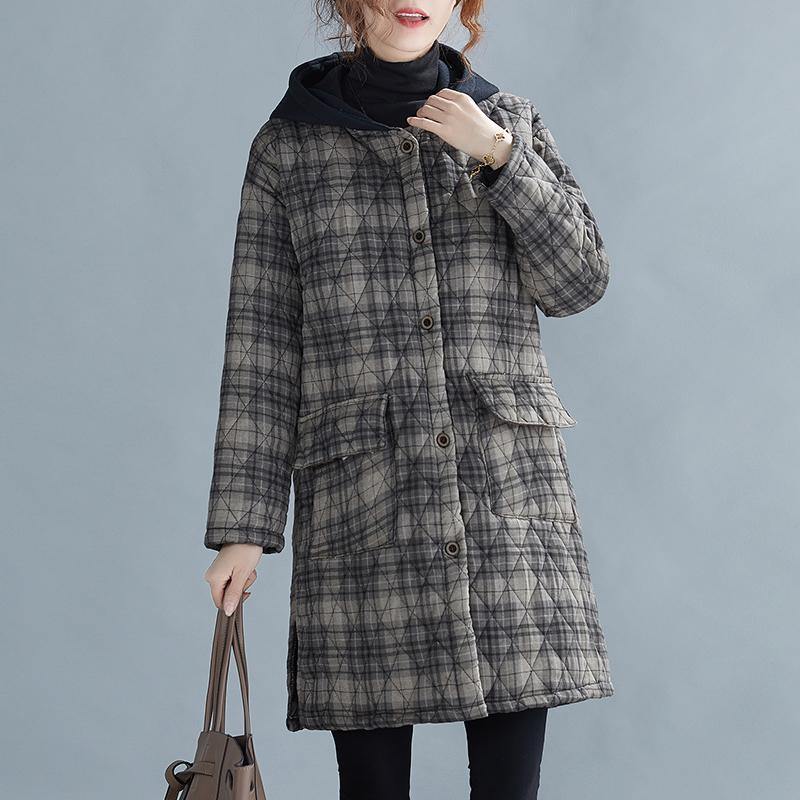 women gray plaid winter parkas oversized snow hooded pockets overcoat - SooLinen