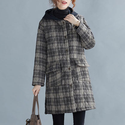 women gray plaid winter parkas oversized snow hooded pockets overcoat - SooLinen