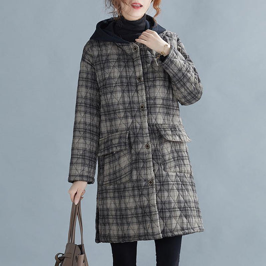 women gray plaid winter parkas oversized snow hooded pockets overcoat - SooLinen