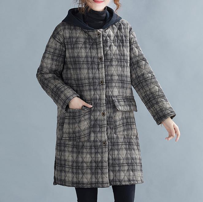 women gray plaid winter parkas oversized snow hooded pockets overcoat - SooLinen