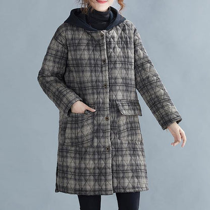 women gray plaid winter parkas oversized snow hooded pockets overcoat - SooLinen