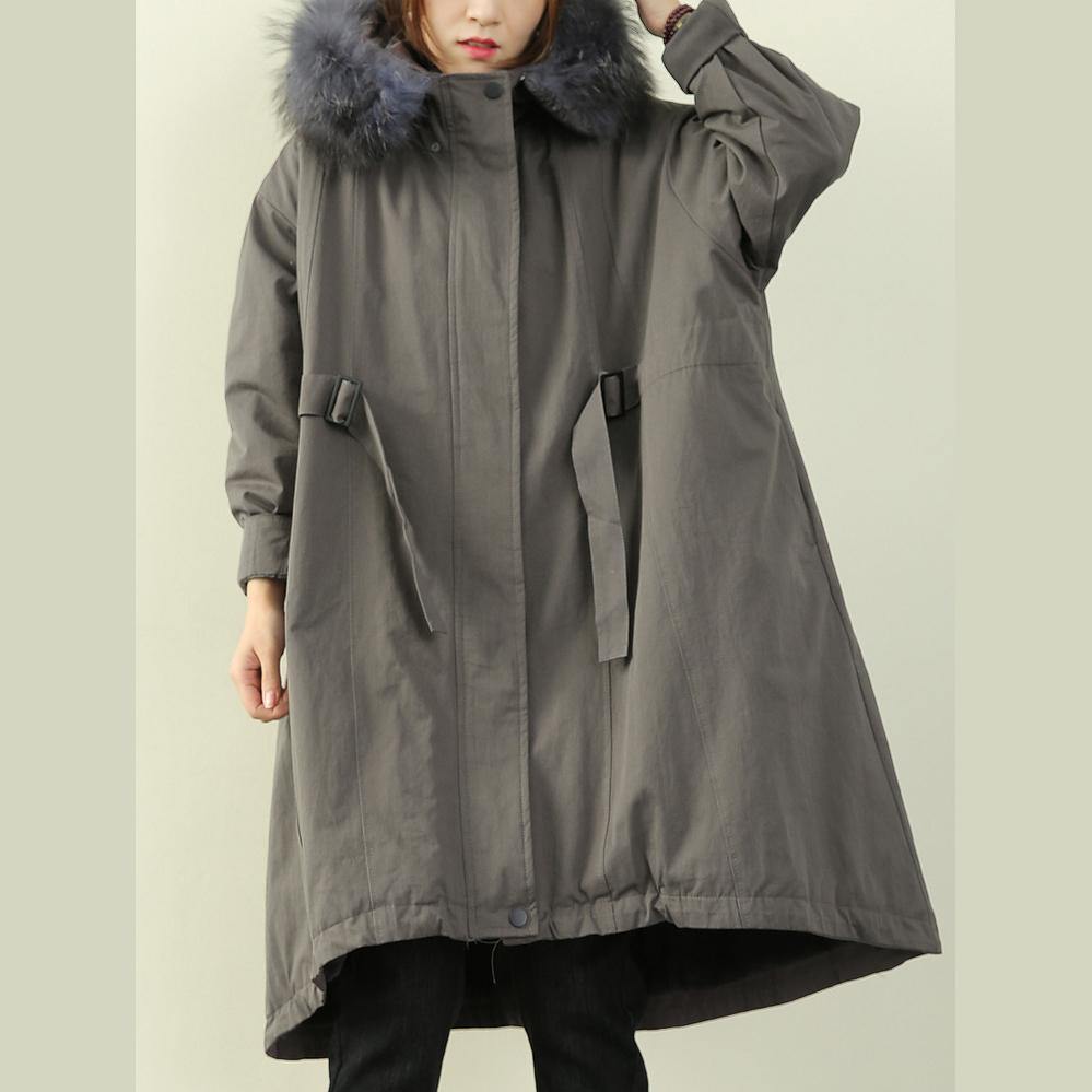 women gray winter outwear casual hooded faux fur collar outwear - SooLinen