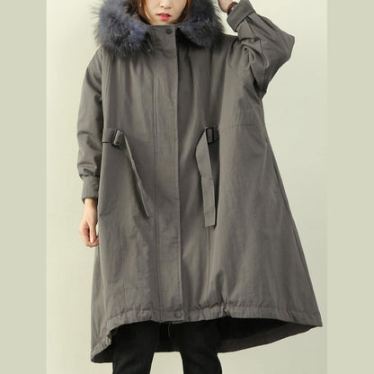 women gray winter outwear casual hooded faux fur collar outwear - SooLinen