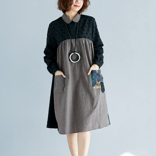 Damen grün karierte Kleider aus reiner Baumwolle in Übergröße, elegante Langarmtaschen, Peter-Pan-Kragen, Patchwork-Baumwollkleider