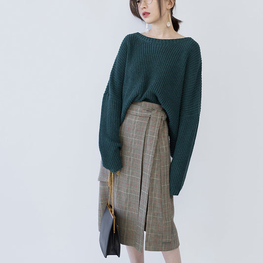 Grüne Strickoberteile für Frauen, übergroße O-Ausschnitt-Baggy-Strickoberteile, Fledermausärmel-Winterpullover für Frauen