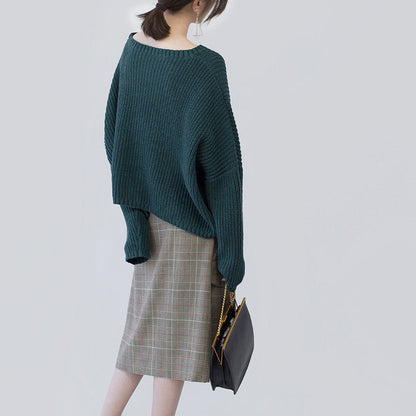 Grüne Strickoberteile für Frauen, übergroße O-Ausschnitt-Baggy-Strickoberteile, Fledermausärmel-Winterpullover für Frauen