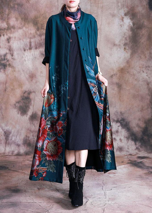 women green print Coat Women Loose fitting long fall coats Button Down - SooLinen