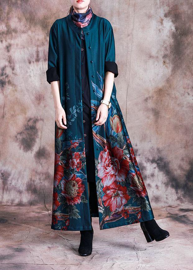 women green print Coat Women Loose fitting long fall coats Button Down - SooLinen